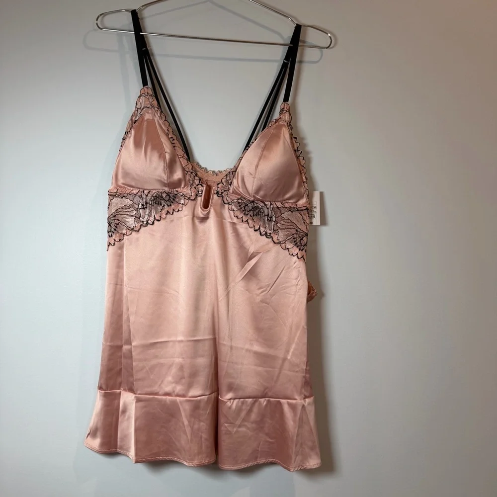Auden Blush Pink With Black Lace Trim Silky‎ Babydoll  Lingerie Set In Medium